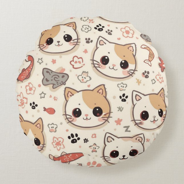 Cute Cat simple pet kitten Pattern Party Round Pillow (Front)