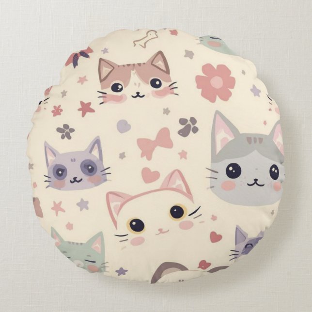 Cute Cat simple pet kitten Pattern Party Round Pillow (Front)
