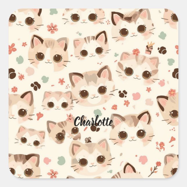Cute Cat simple pet kitten Pattern Party Square Sticker (Front)