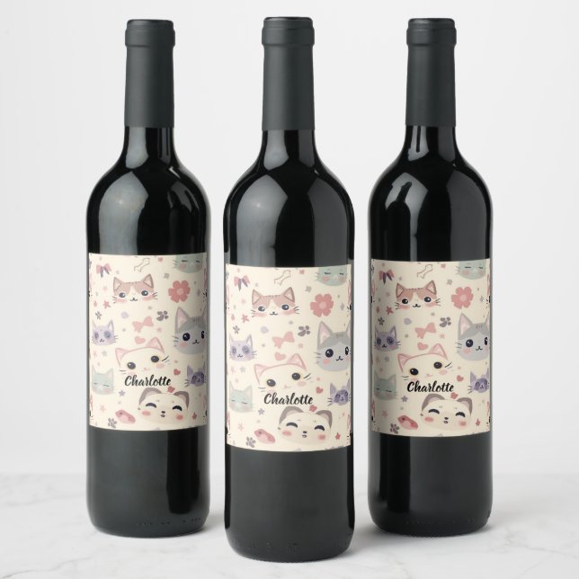 Cute Cat simple pet kitten Pattern Party Wine Label (Bottles)
