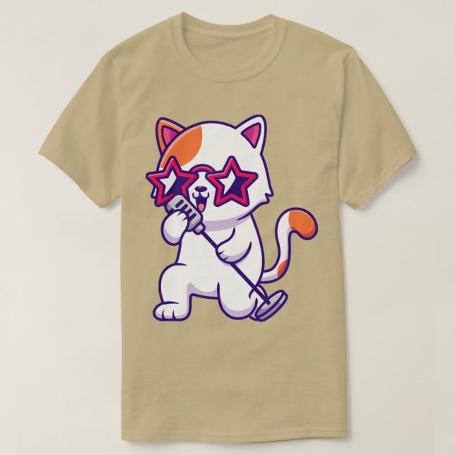 Cute Cat Singing With Microphone T-Shirt (Design Front)