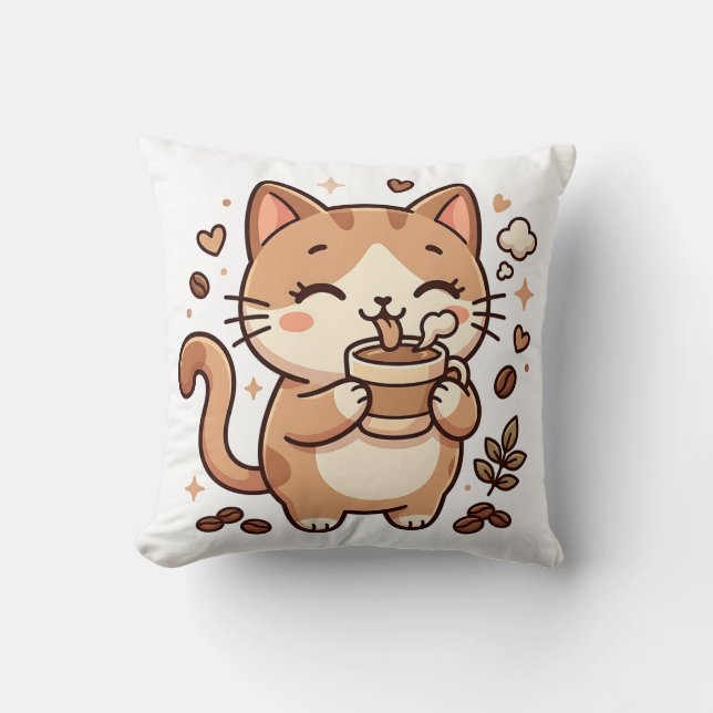 Cute Cat Sipping Coffee Throw Pillow (Front)