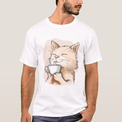 Cute cat sipping coffee whimsical and cozy style T_Shirt