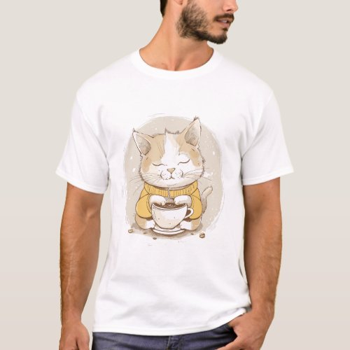 Cute cat sipping coffee whimsical and cozy style T_Shirt