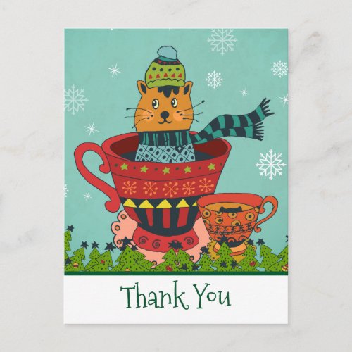 Cute Cat Sitting in a Teacup Christmas Thank You Postcard