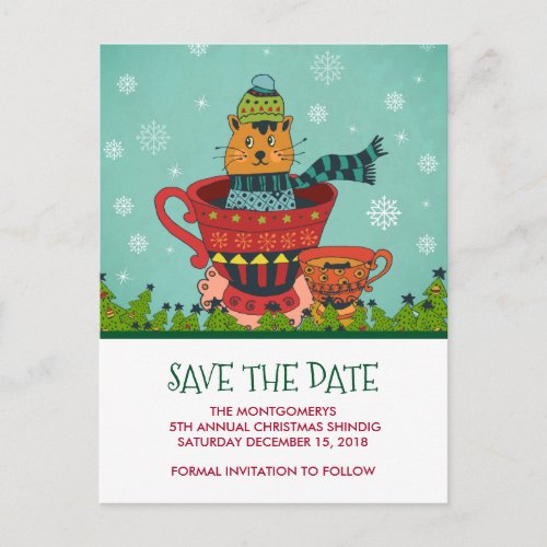 Cute Cat Sitting in a Teacup Save the Date Postcard