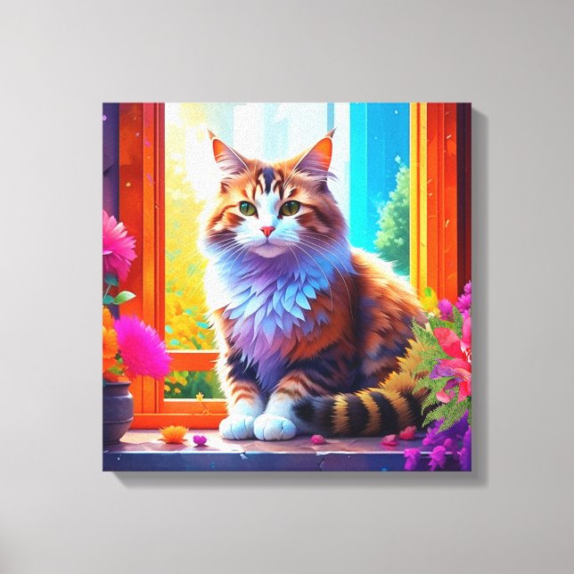 Cute Cat Sitting in City Window Ai Art Canvas Print (Front)