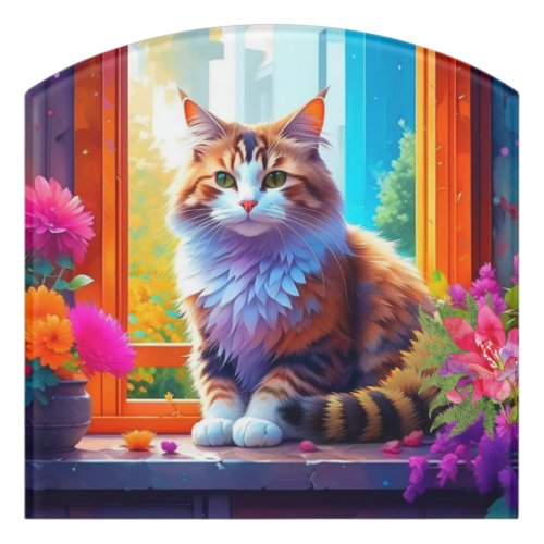 Cute Cat Sitting in City Window Ai Art Door Sign