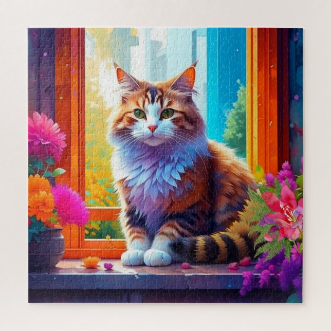 Cute Cat Sitting in City Window Ai Art Jigsaw Puzzle (Vertical)