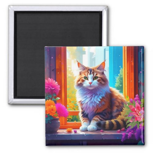Cute Cat Sitting in City Window Ai Art Magnet