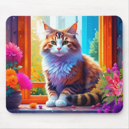 Cute Cat Sitting in City Window Ai Art Mouse Pad