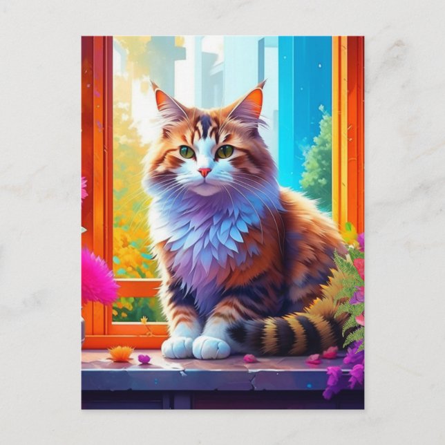 Cute Cat Sitting in City Window Ai Art Postcard (Front)