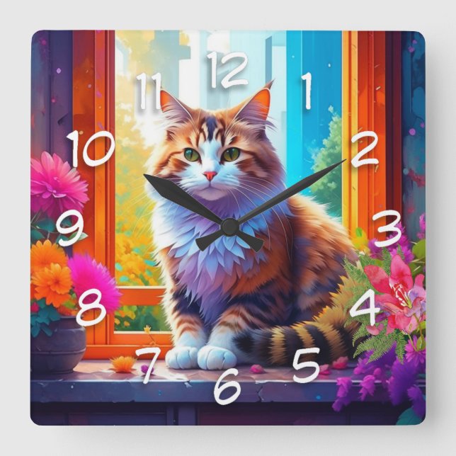 Cute Cat Sitting in City Window Ai Art Square Wall Clock (Front)