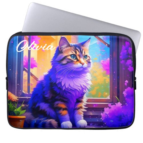 Cute Cat Sitting in Window Ai Art Laptop Sleeve
