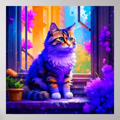 Cute Cat Sitting in Window Ai Art Poster
