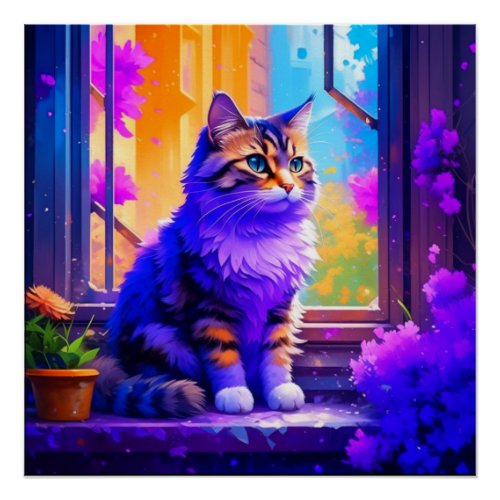 Cute Cat Sitting in Window Ai Art Poster