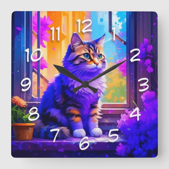 Cute Cat Sitting in Window Ai Art Square Wall Clock (Front)