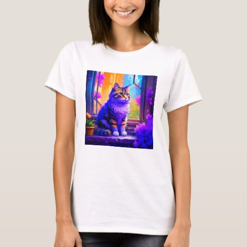 Cute Cat Sitting in Window Ai Art T_Shirt