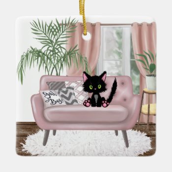 Cute Cat Sitting On A Chic Pink Couch Ceramic Ornament by StuffByAbby at Zazzle