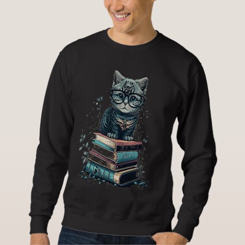 Cute Cat Sitting On Books Librarian Book Nerd Book Sweatshirt