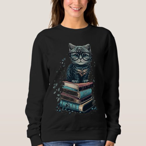 Cute Cat Sitting On Books Librarian Book Nerd Book Sweatshirt