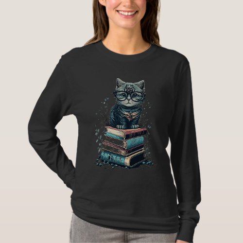 Cute Cat Sitting On Books Librarian Book Nerd Book T_Shirt