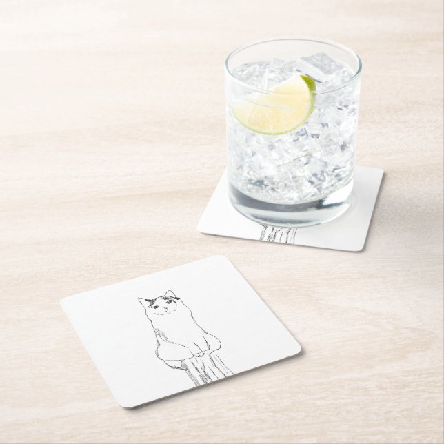 Cute Cat Sketch Modern Square Paper Coaster (Insitu)