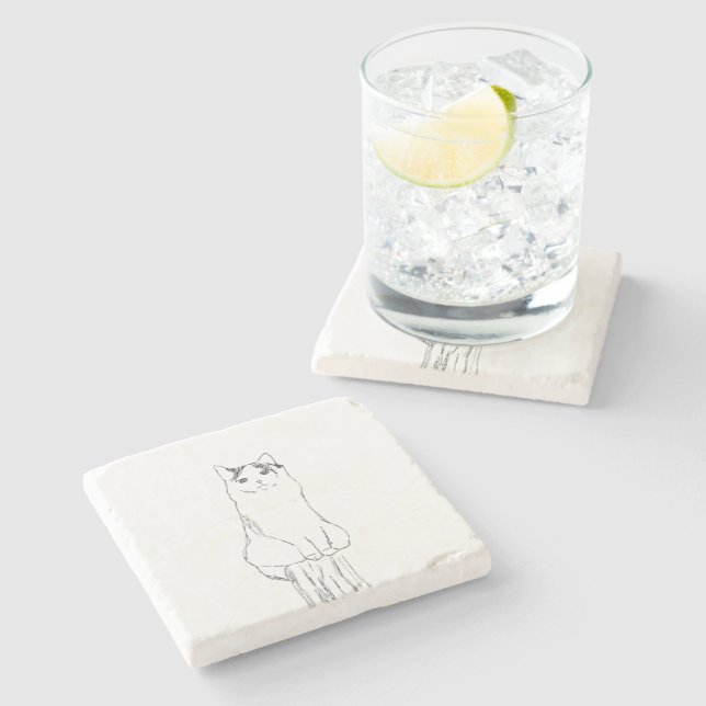 Cute Cat Sketch Modern Stone Coaster (Side)