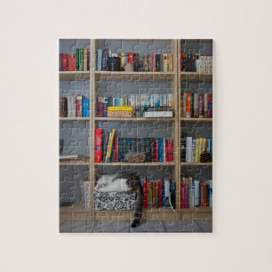 Cute cat sleeping on bookshelf library books jigsaw puzzle