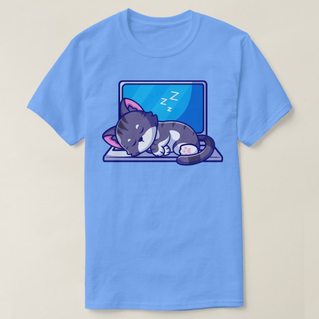 Cute Cat Sleeping On Laptop Cartoon T-Shirt (Design Front)