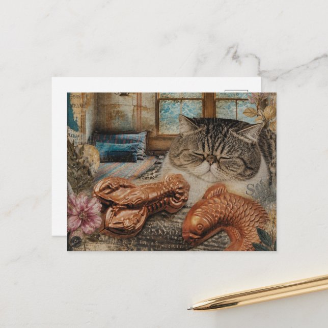 Cute Cat Sleeping With Lobster and Fish Postcard (Front/Back In Situ)