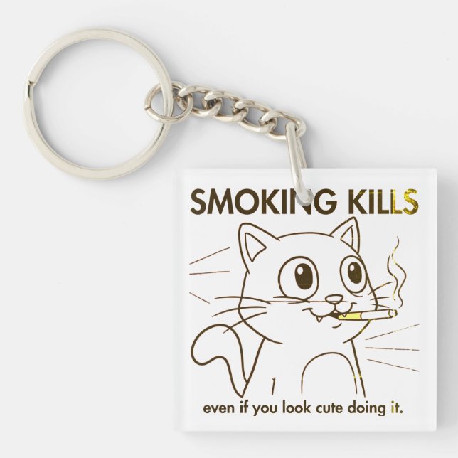 Cute Cat -Smoking Kills Funny Anti-Smoking Design Keychain (Front)