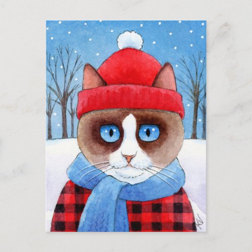 Cute cat snow Christmas Ragdoll Snowshoe postcard