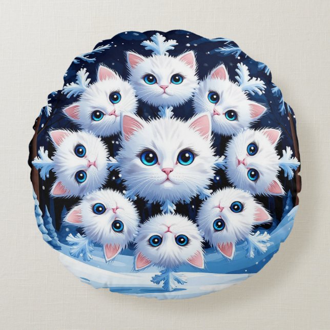 🌸 Cute Cat Snowflake Cozy Home Style 🌸 Round Pillow (Front)