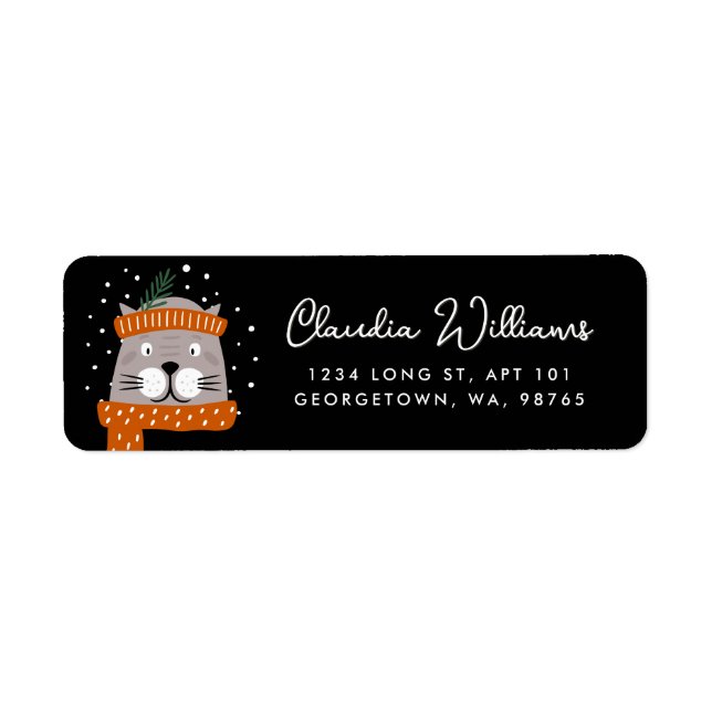 Cute Cat & Snowflakes Winter Black Return Address Label (Front)