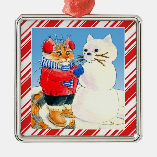 Cute cat snowman candy cane Christmas ornament (Front)