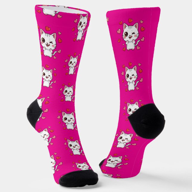 Cute Cat Socks with Hearts –  Cat Lovers Gift (Angled)