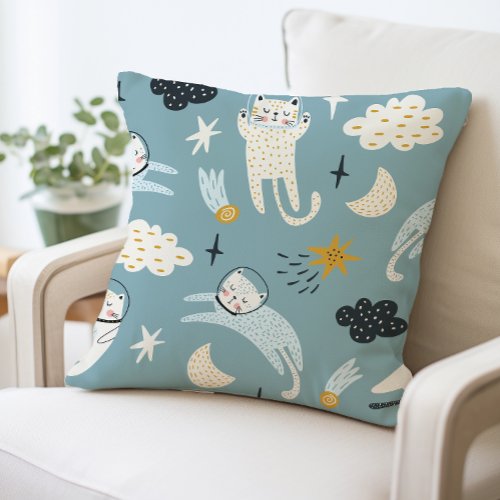 Cute Cat Space Adventure Pillow Playful Cat Throw Pillow