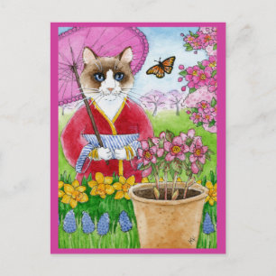 Cute cat Spring garden pink postcard