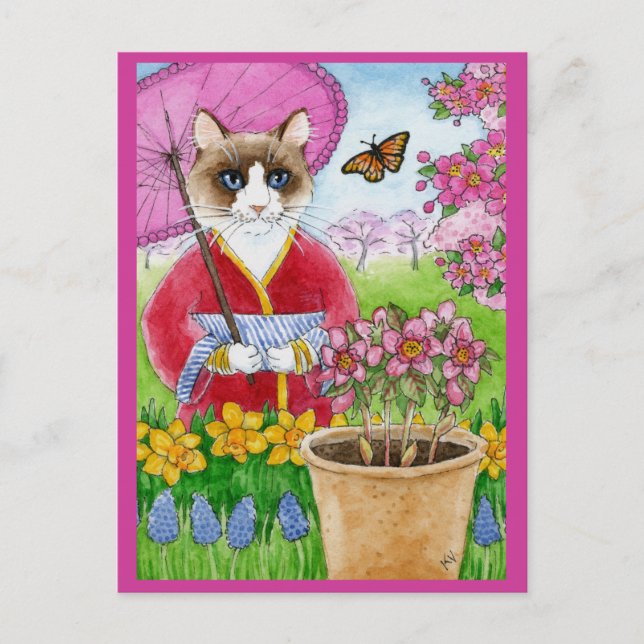 Cute cat Spring garden pink postcard (Front)
