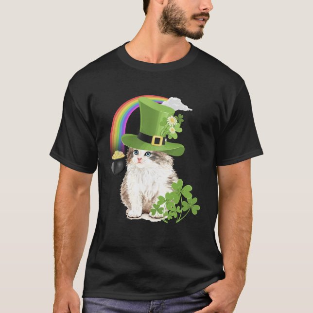 Cute Cat  St Patricks Day Shamrock Rainbow Patty K T-Shirt (Front)
