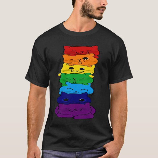 Cute Cat Stack Gay Rainbow Flag Pride LGBQ Support T-Shirt (Front)