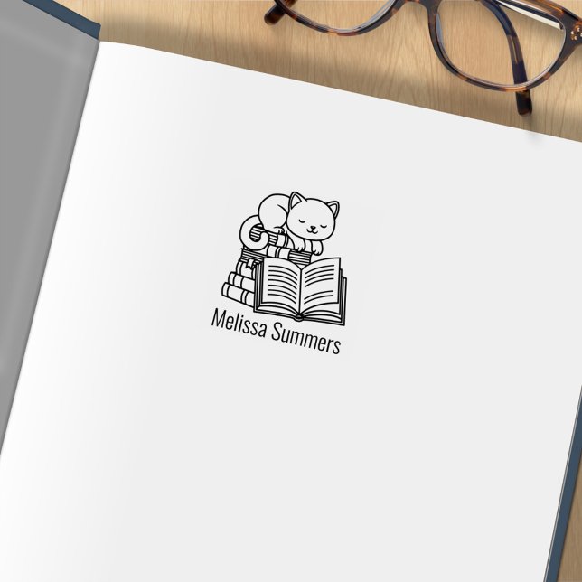 Cute Cat Stack of Books Custom Name Bookplate 1x1 Rubber Stamp (Creator Uploaded)