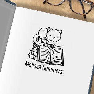 Cute Cat Stack of Books Custom Name Bookplate Rubber Stamp