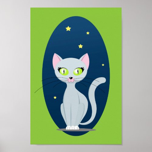 Cute Cat Starry night sky Cartoon on Custom color Poster