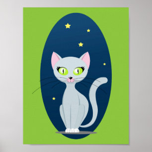 Cute Cat Starry night sky Cartoon on Custom color Poster