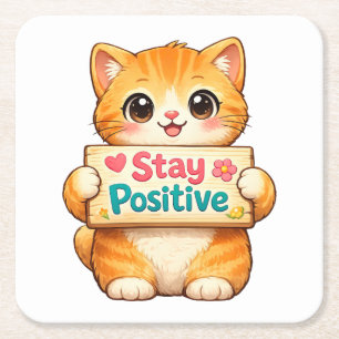 Cute Cat Stay Positive Artwork Square Paper Coaster