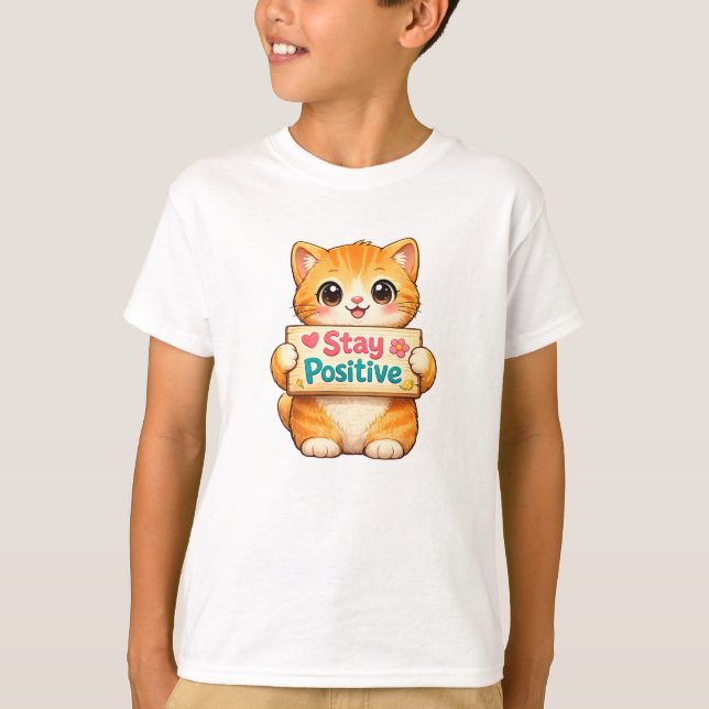 Cute Cat Stay Positive Artwork T-Shirt (Front)