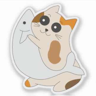 Cute Cat Sticker; Kitten with Fish Sticker