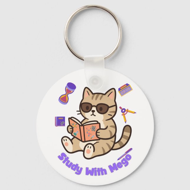 Cute cat studying with sunglasses funny  keychain (Front)